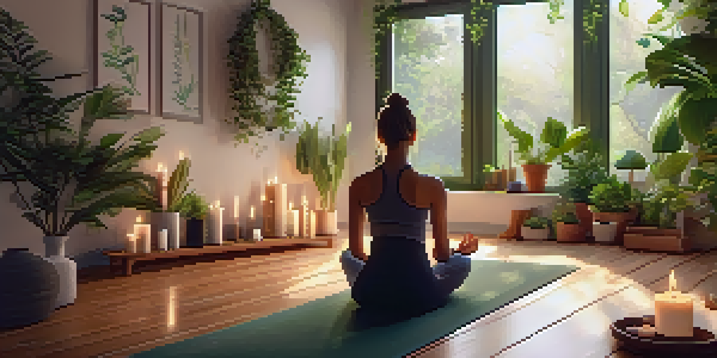 A peaceful yoga studio with warm lighting and a person practicing Child's Pose among plants and candles.