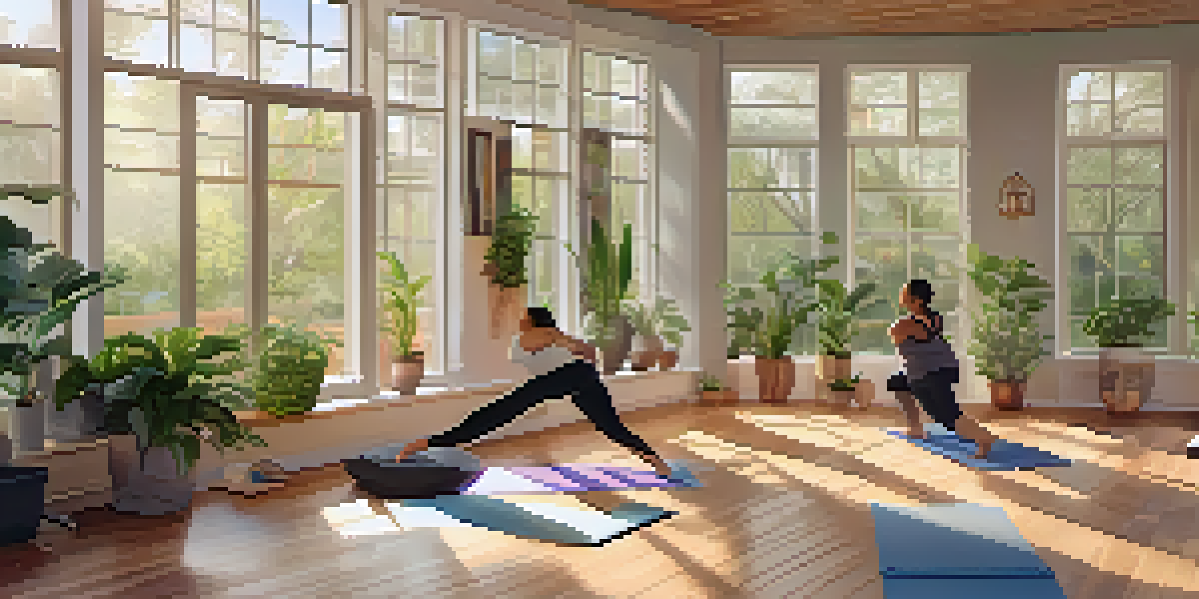 A peaceful yoga studio with a diverse group of individuals practicing yoga in soft morning light.