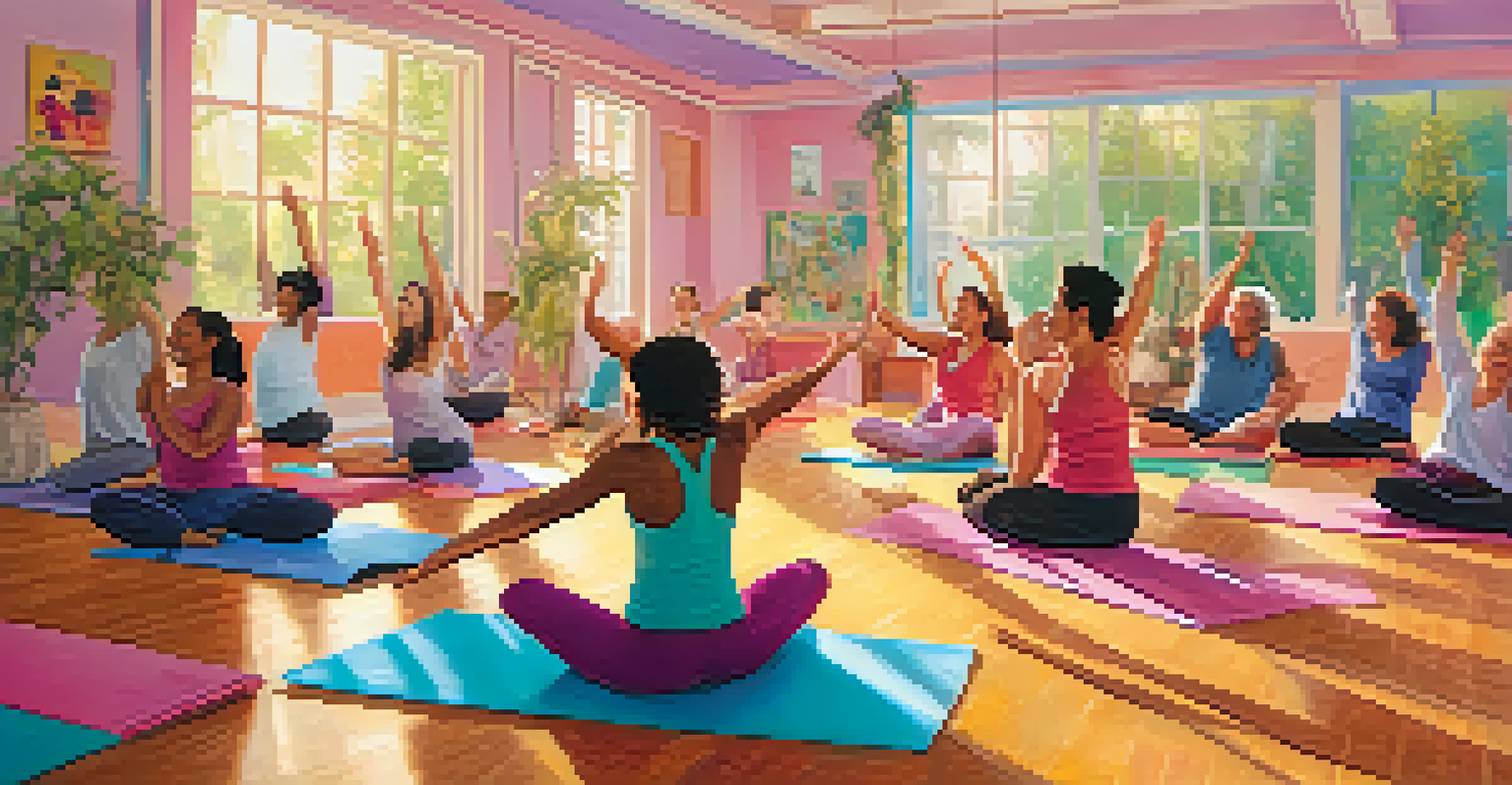 Participants in a yoga class engaging in playful partner poses, laughing and having fun together.