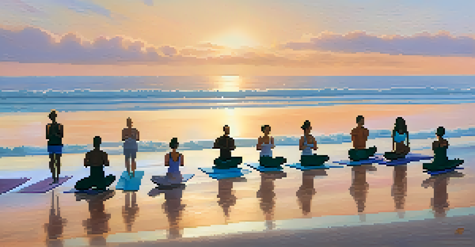 A diverse group of people practicing yoga on the beach at sunrise, with soft waves and a colorful sky in the background.
