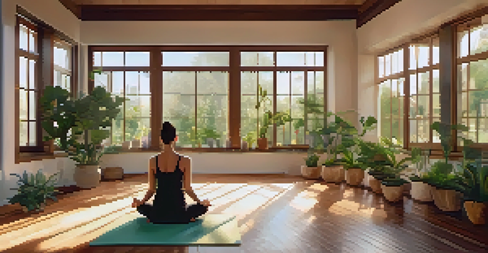 A person meditating in a tranquil yoga studio filled with natural light and plants.