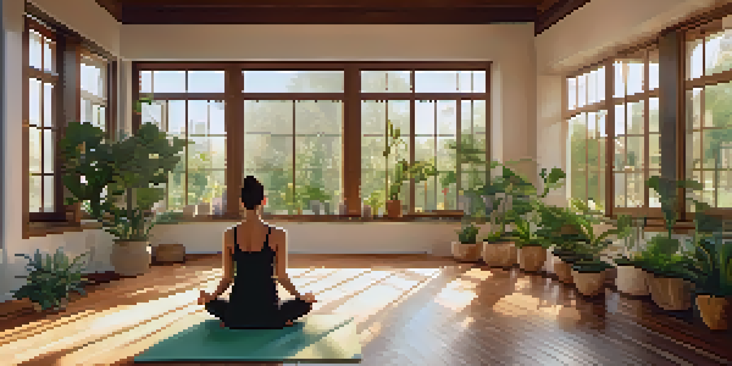 A person meditating in a tranquil yoga studio filled with natural light and plants.
