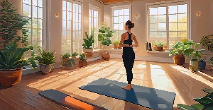 A person practicing yoga in a calm studio with plants and soft lighting, expressing tranquility through movement.