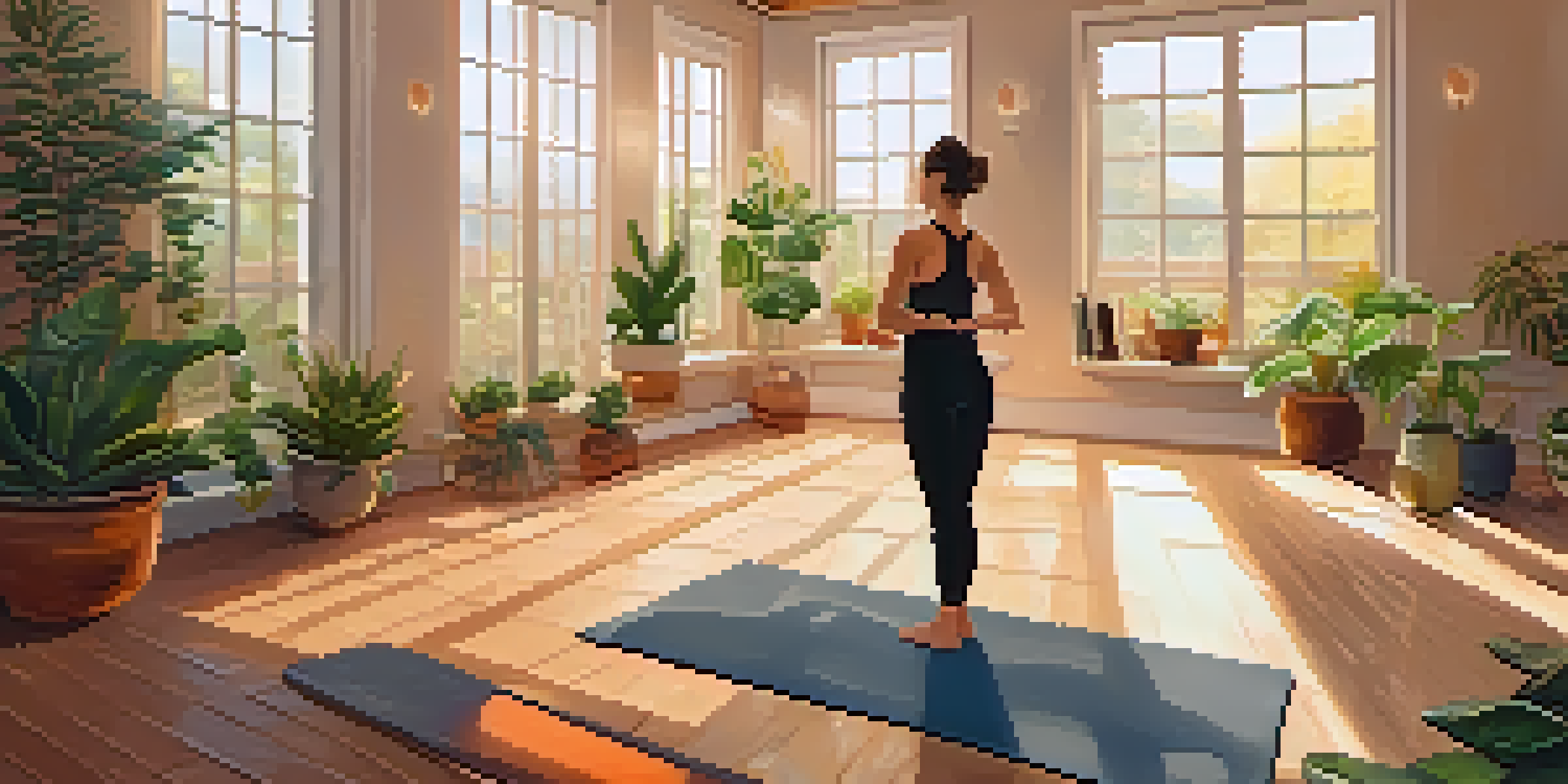 A person practicing yoga in a calm studio with plants and soft lighting, expressing tranquility through movement.