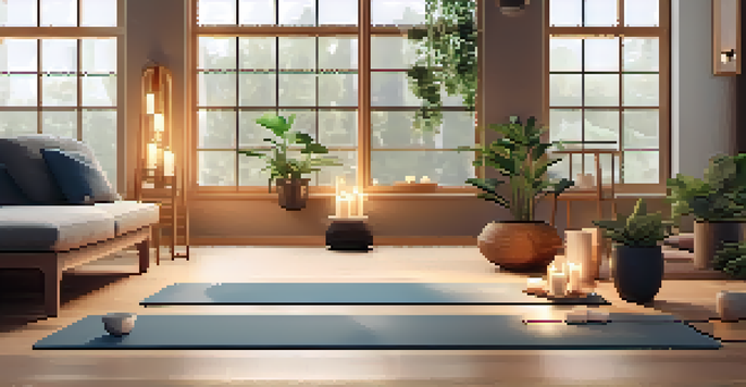 A peaceful yoga setup with a mat, candles, and plants, illuminated by natural light from a window.