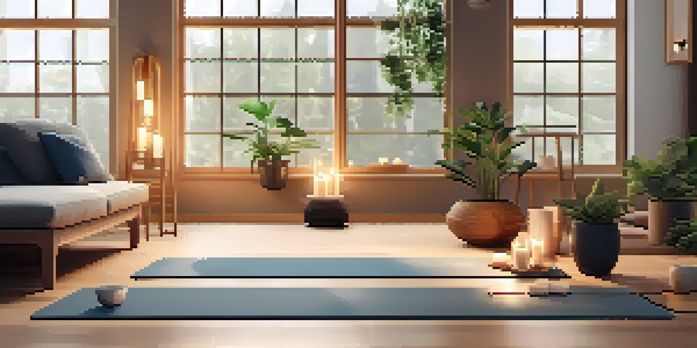 A peaceful yoga setup with a mat, candles, and plants, illuminated by natural light from a window.