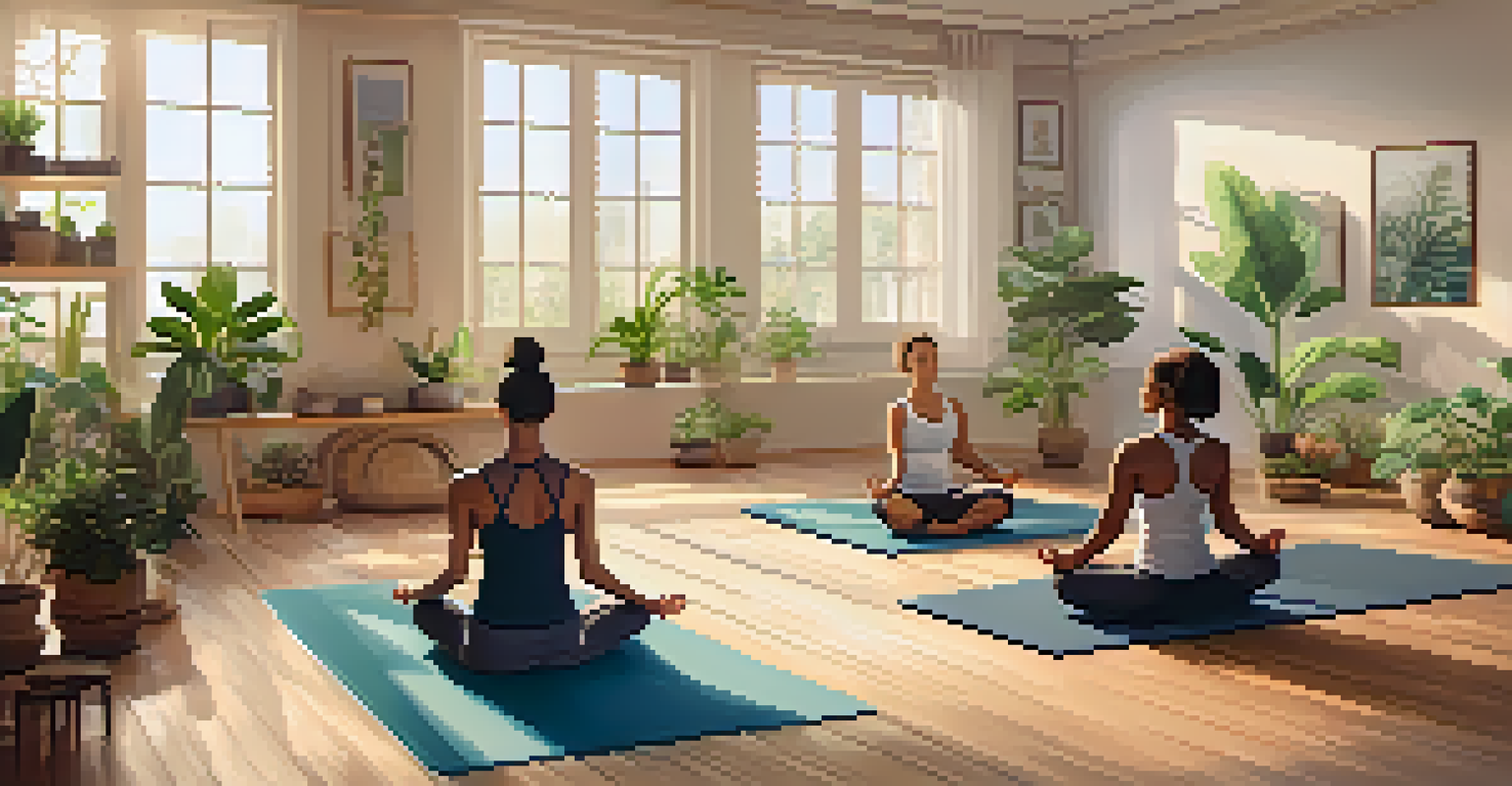 An indoor yoga class with participants meditating on mats in a cozy studio, surrounded by plants and soft lighting.