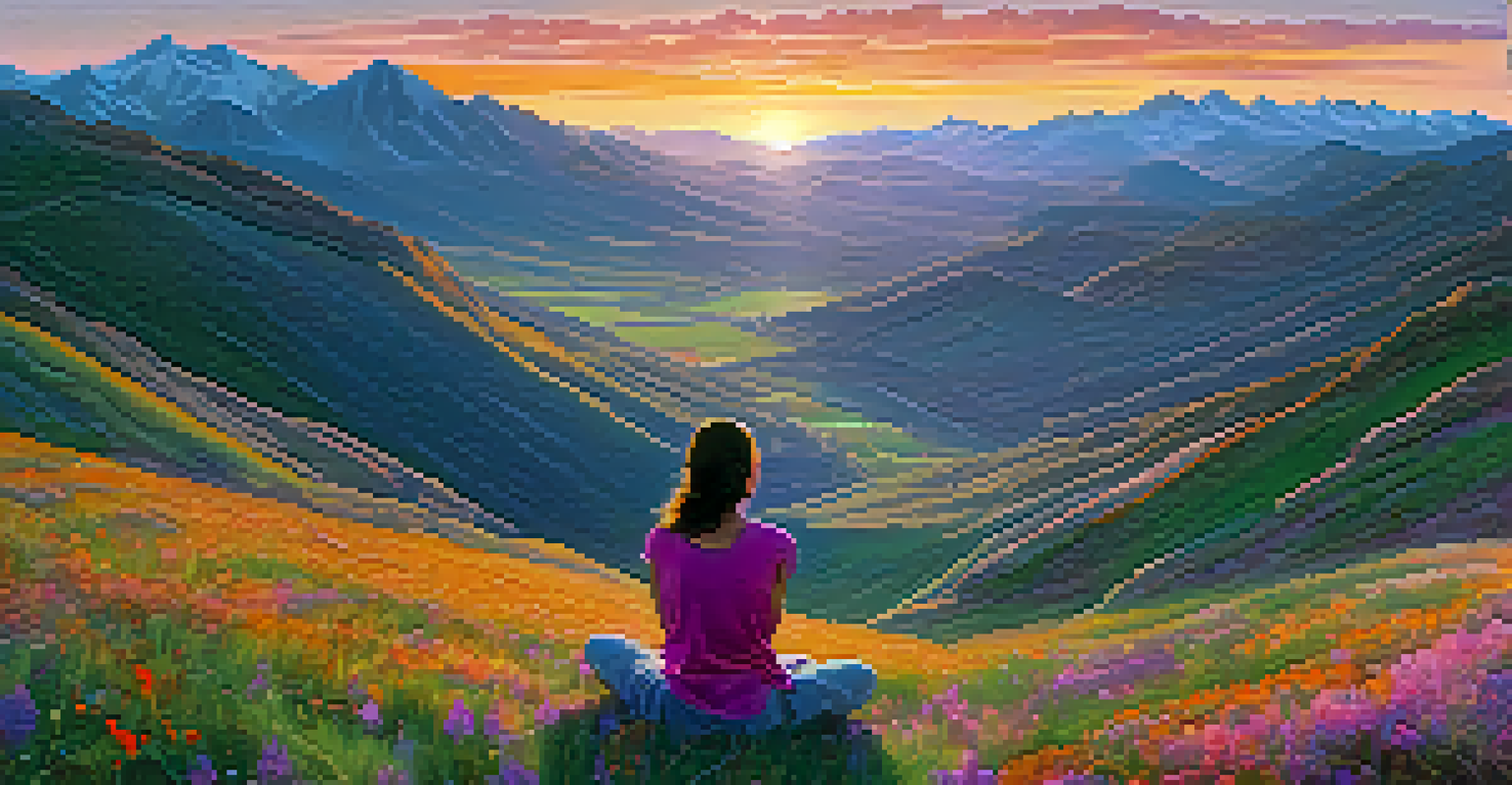 A person meditating on a hillside at sunset, with a colorful sky and wildflowers.