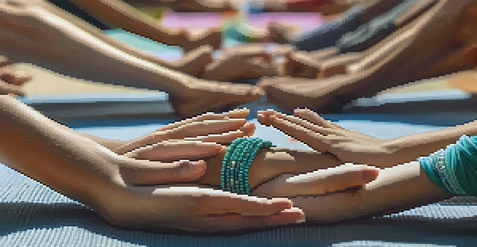 Close-up of hands in a yoga pose on a textured mat, symbolizing connection and support.