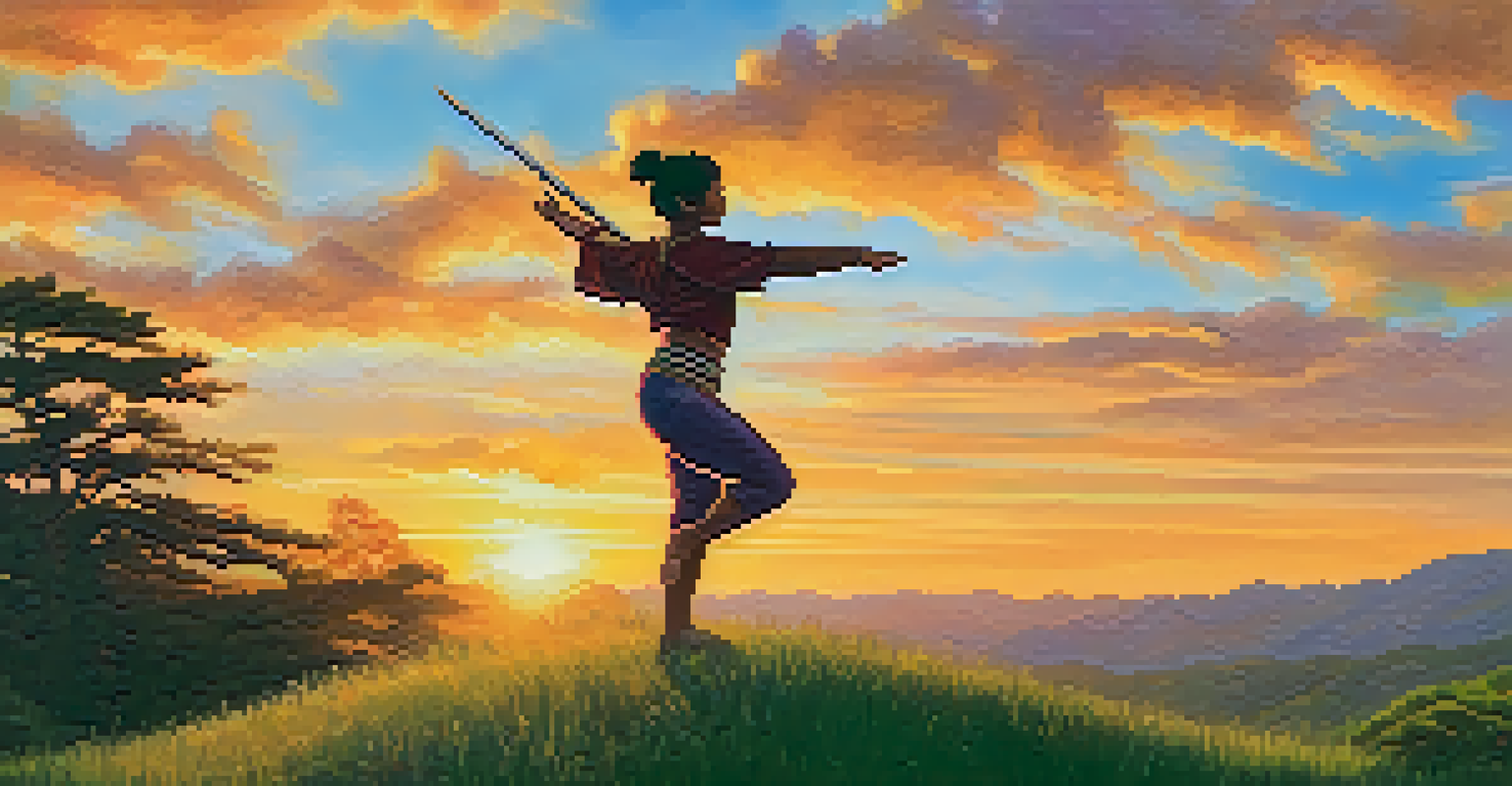 A person practicing Warrior II yoga pose on a grassy hill at sunset, with a vibrant sky and lush landscape in the background.