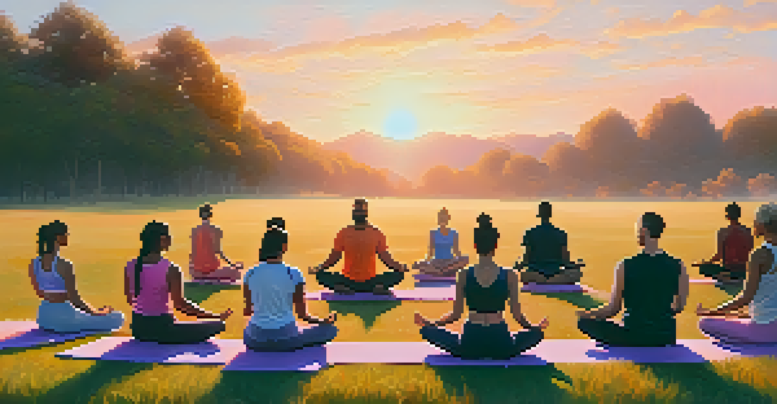 A group of people practicing breathwork outdoors at sunrise, surrounded by a beautiful natural landscape.