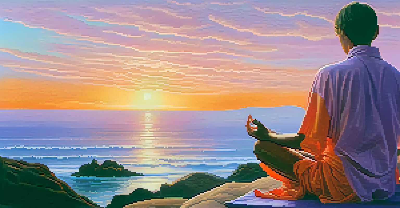 A person meditating in lotus position on a cliff at sunset, overlooking the ocean with vibrant sky colors.