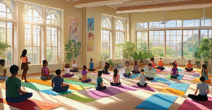 Students of diverse backgrounds practicing yoga in a bright classroom with sunlight streaming in and plants around.