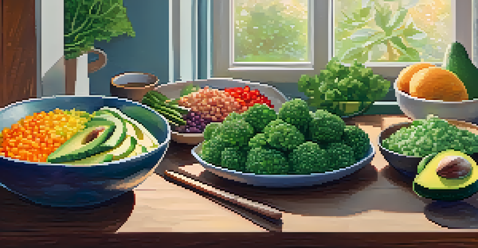 A visually appealing close-up of healthy meal prep with quinoa, kale, cucumbers, and avocados on a wooden table.