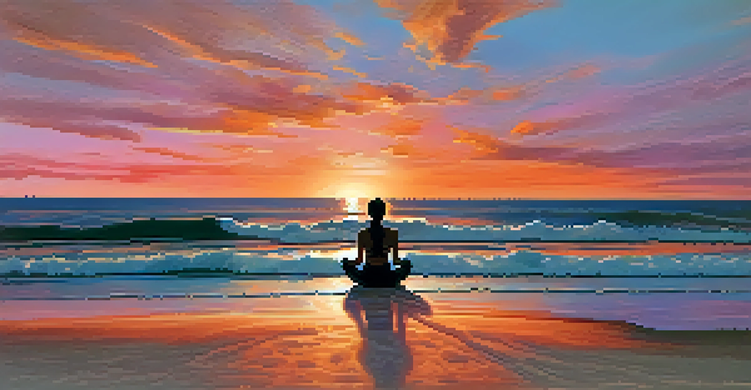 A silhouette of a person in Child's Pose on a beach at sunset, with vibrant sky colors and calm waves.