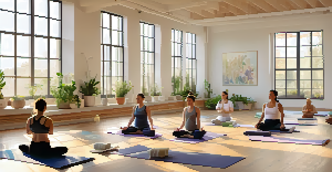 A serene prenatal yoga class with expectant mothers practicing gentle poses in a sunlit studio filled with plants and calming colors.