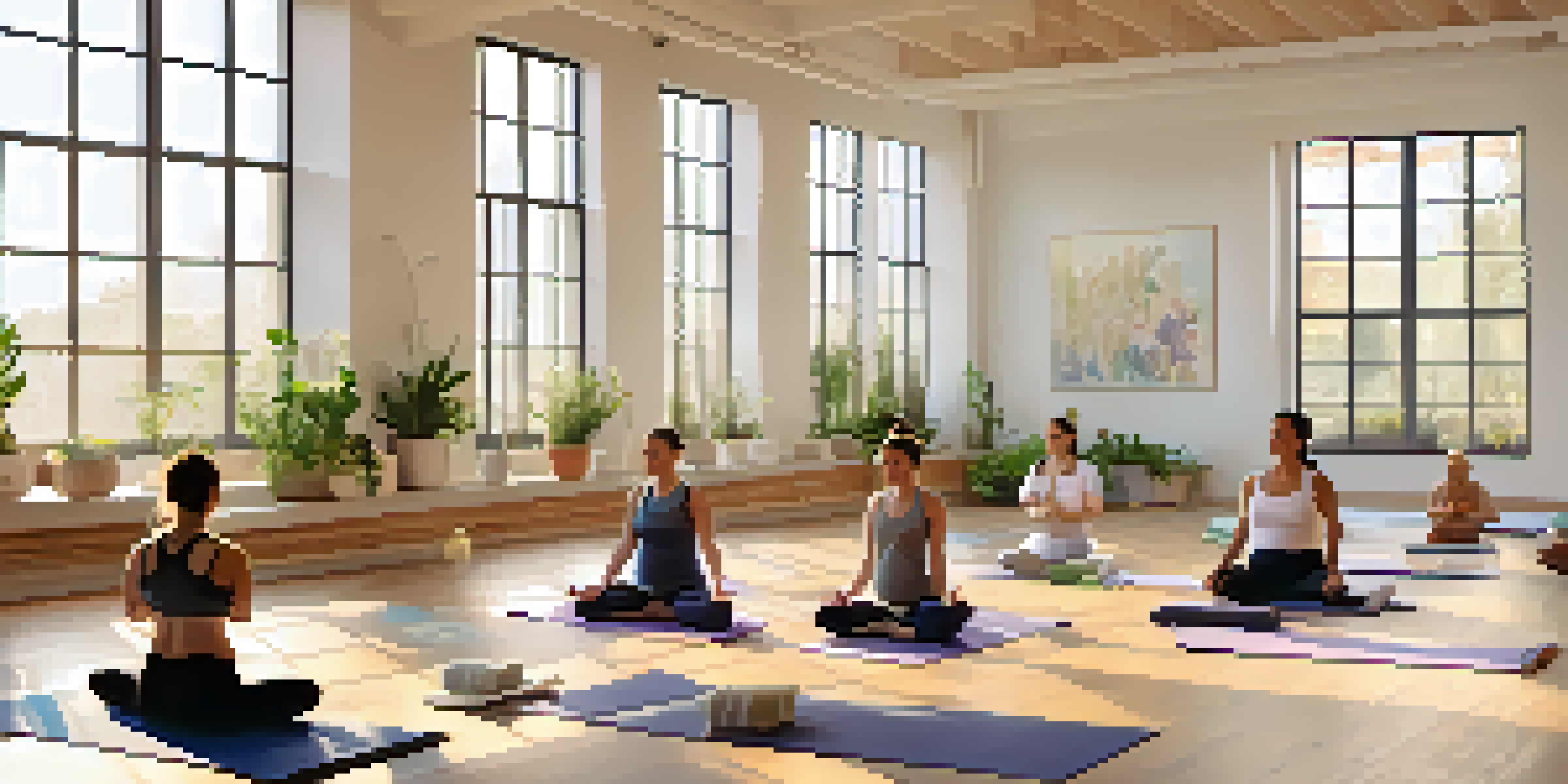 A serene prenatal yoga class with expectant mothers practicing gentle poses in a sunlit studio filled with plants and calming colors.