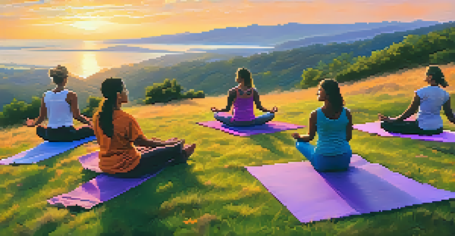 Individuals practicing yoga outdoors at sunset on a grassy hill with a beautiful sky.