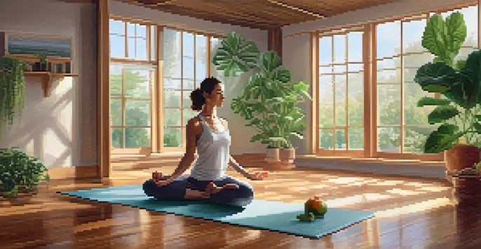 A peaceful yoga studio with a person meditating on a mat surrounded by fresh fruits and vegetables, illuminated by natural light.