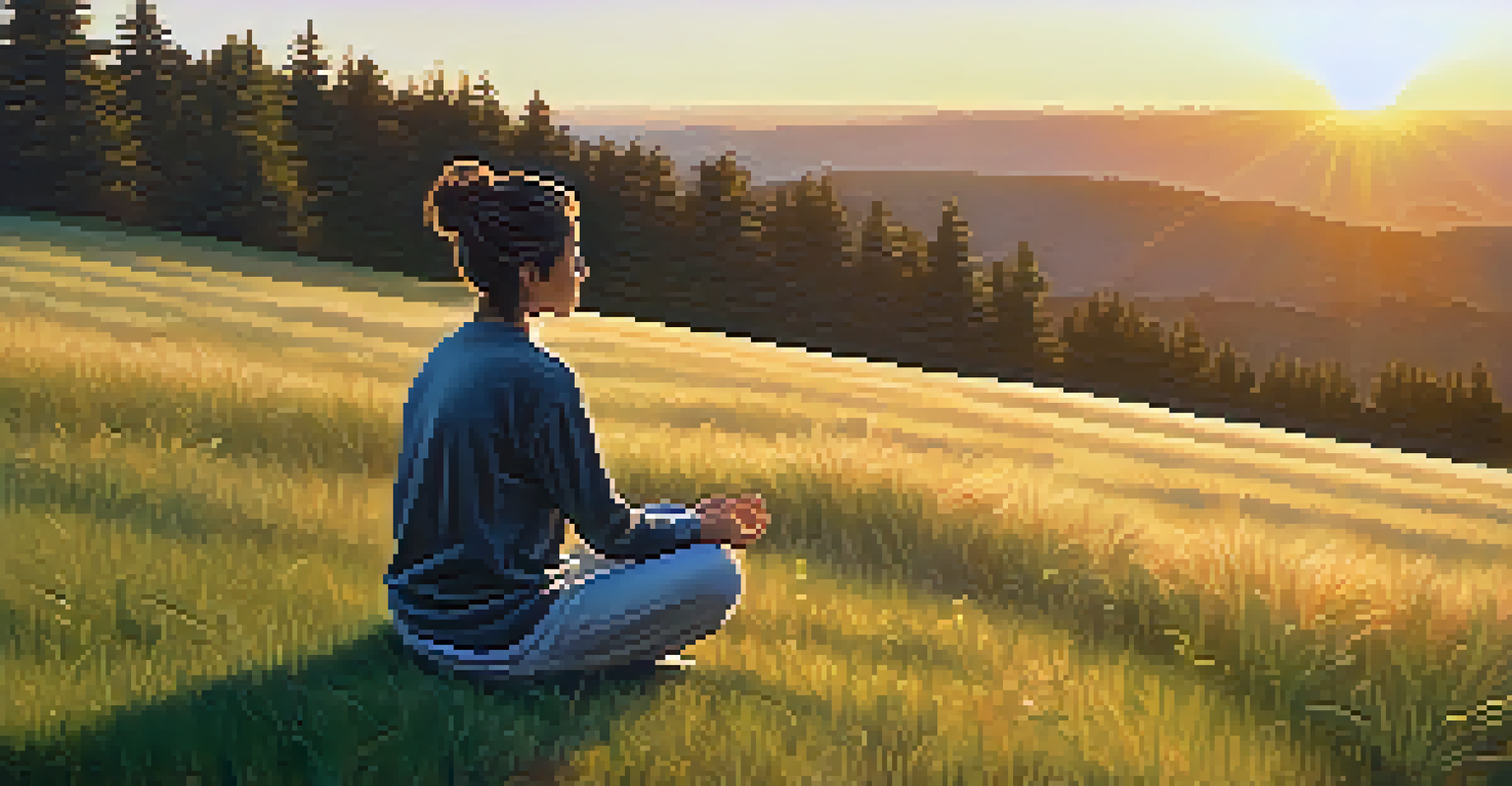 A person practicing mindful breathing on a grassy hill during sunset, surrounded by nature.