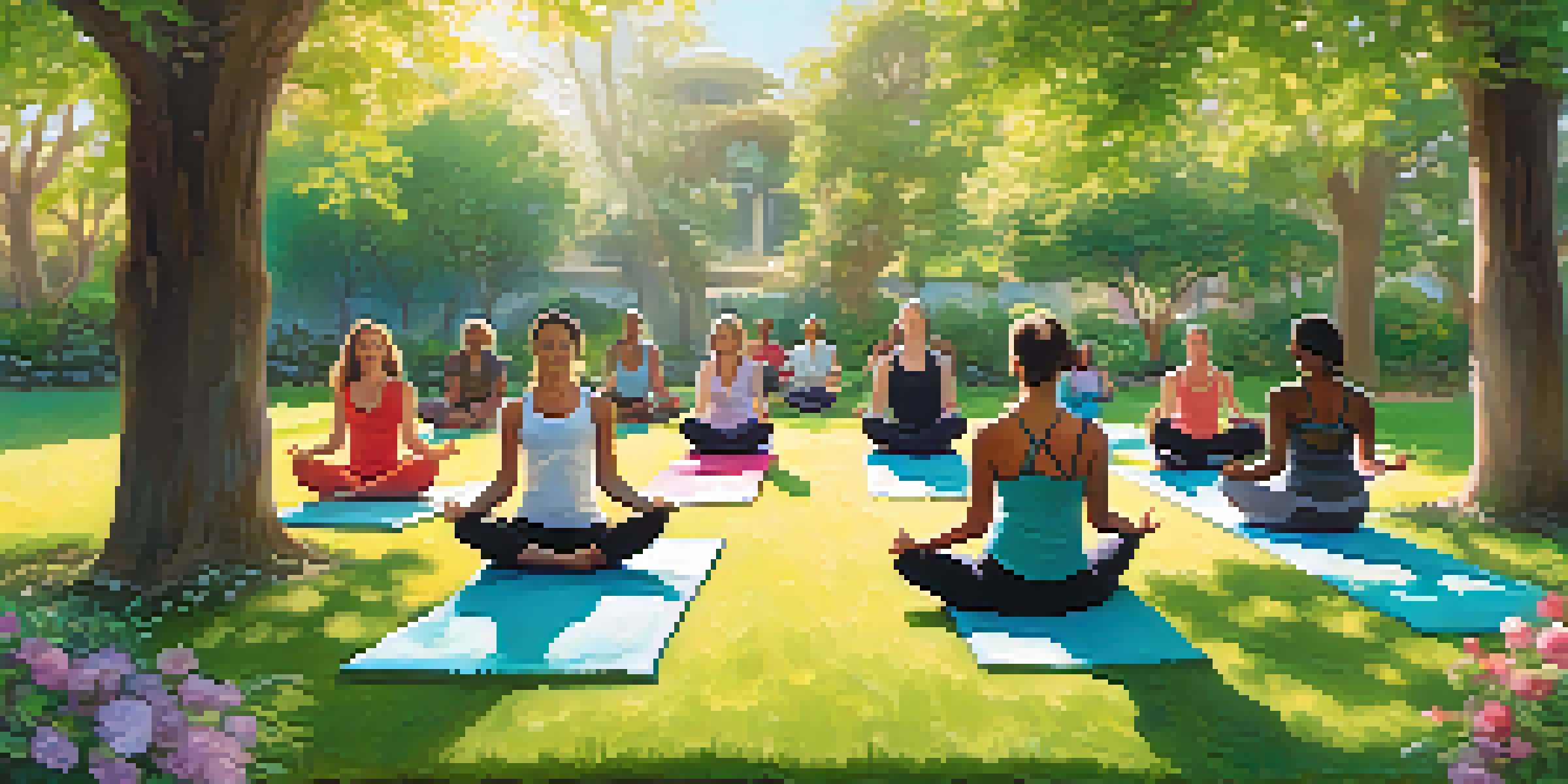 A diverse group of individuals practicing yoga outdoors, surrounded by nature, with sunlight filtering through trees and blooming flowers.