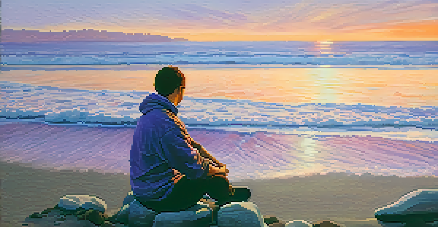 A person meditating on a beach during sunset, practicing deep breathing with a calm expression.