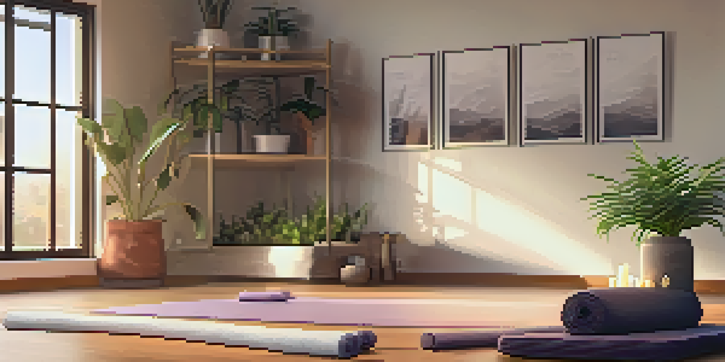 A calm yoga space designed for grief healing, with a yoga mat, soft lighting, and plants, creating a serene atmosphere.