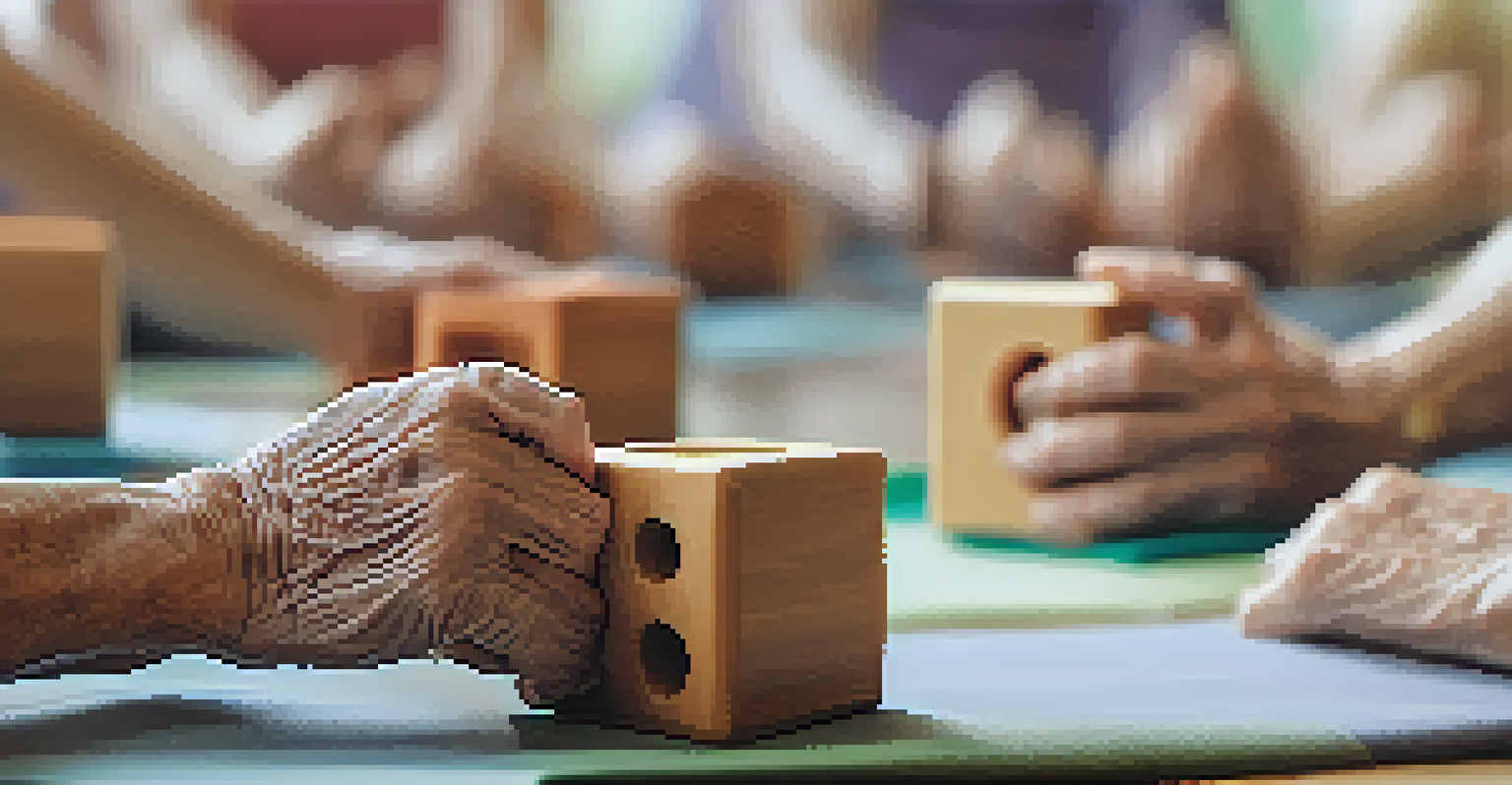 Close-up of senior hands adjusting yoga props during a class, highlighting the importance of support and alignment.