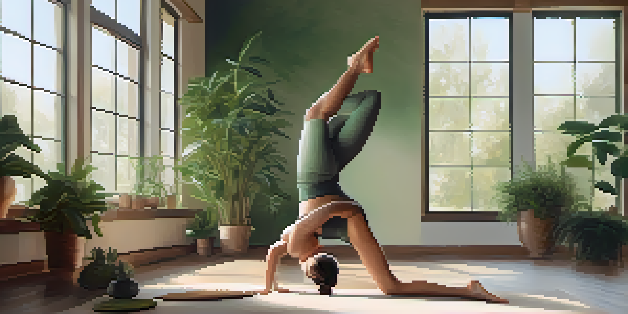 A person doing a warm-up stretch in a peaceful yoga studio filled with natural light and plants.