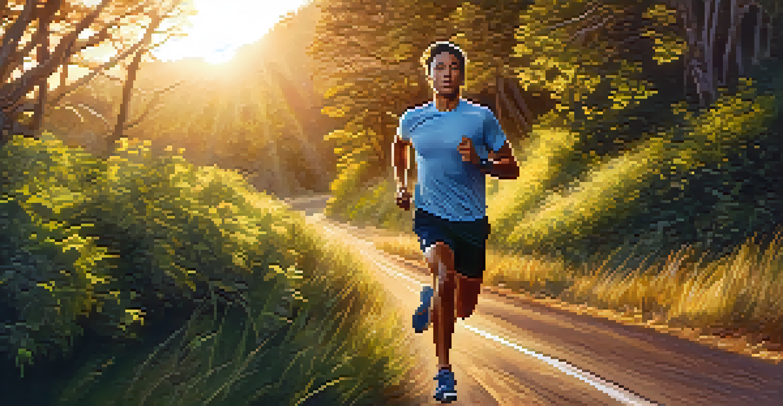 An athlete running on a scenic trail at sunset, concentrating on their breath.