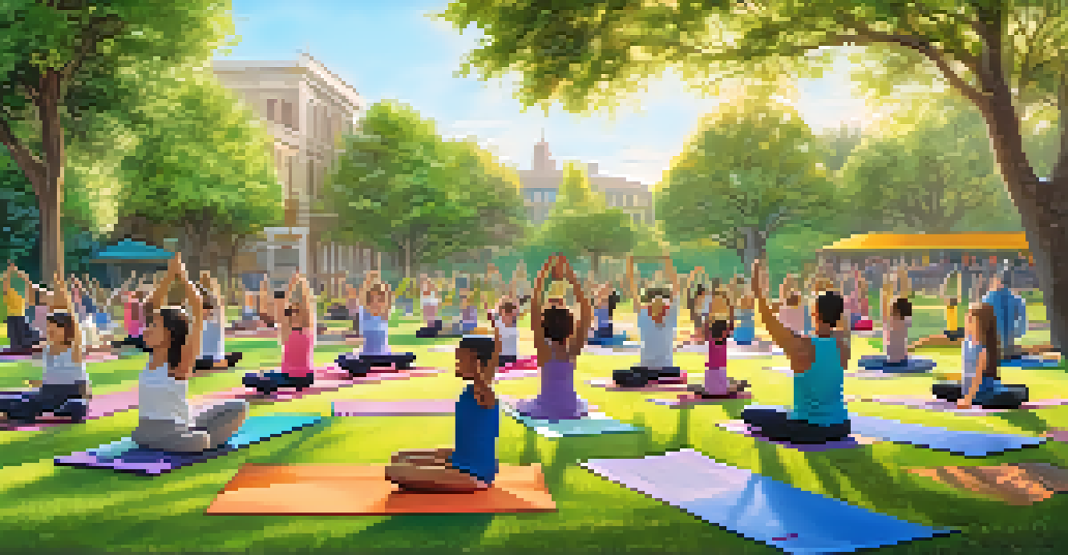Parents and children practicing yoga together in a green park, creating a joyful community atmosphere.