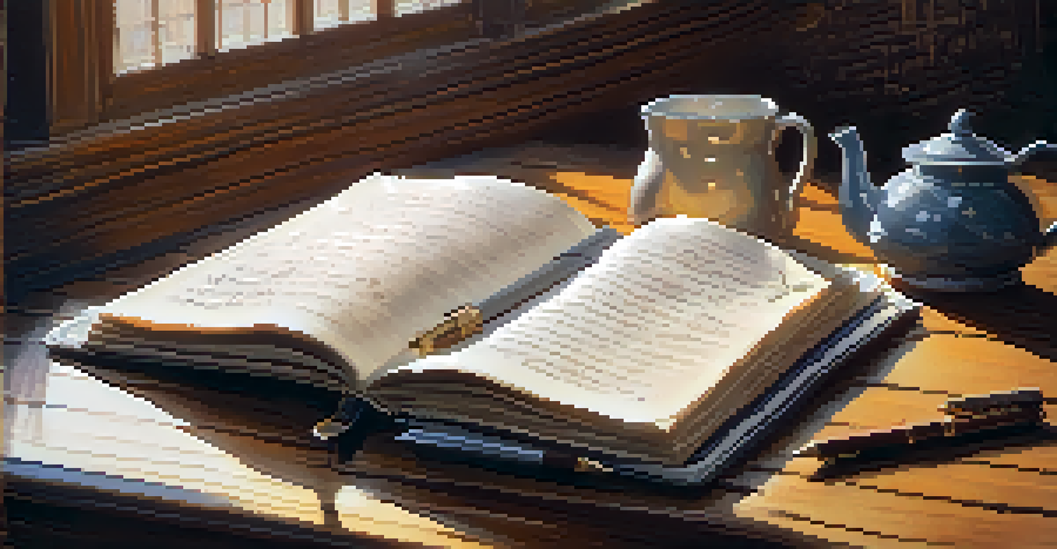 An open journal with handwritten notes and a cup of tea on a wooden table, creating a cozy and reflective scene.
