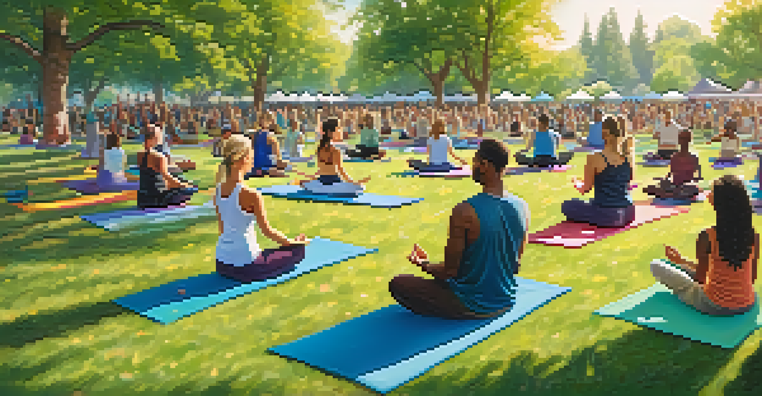 A lively outdoor yoga class in a park with diverse participants practicing together on colorful mats.