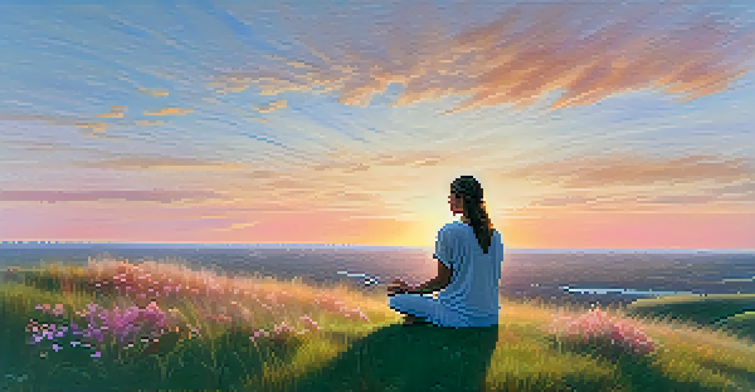 A person meditating on a grassy hill at sunrise, surrounded by wildflowers and a colorful sky.