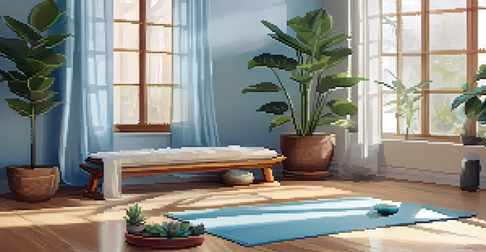 A peaceful indoor yoga environment with a bamboo mat, plants, and soft natural light.