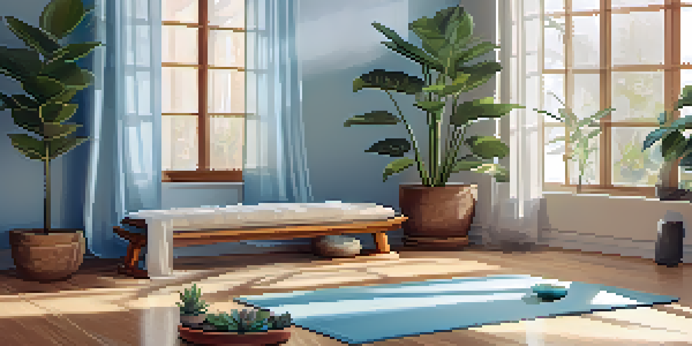 A peaceful indoor yoga environment with a bamboo mat, plants, and soft natural light.