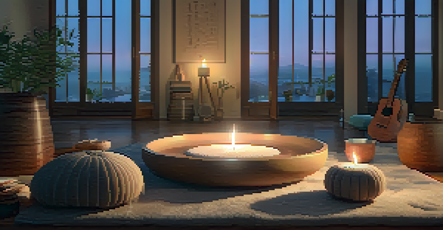 A cozy indoor sound bath setup with pillows, blankets, and various sound instruments, enhanced by warm candlelight.