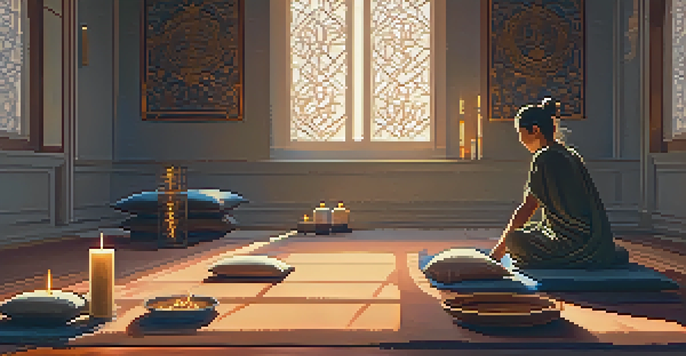 A person meditating in a peaceful room filled with candles and comfortable cushions.