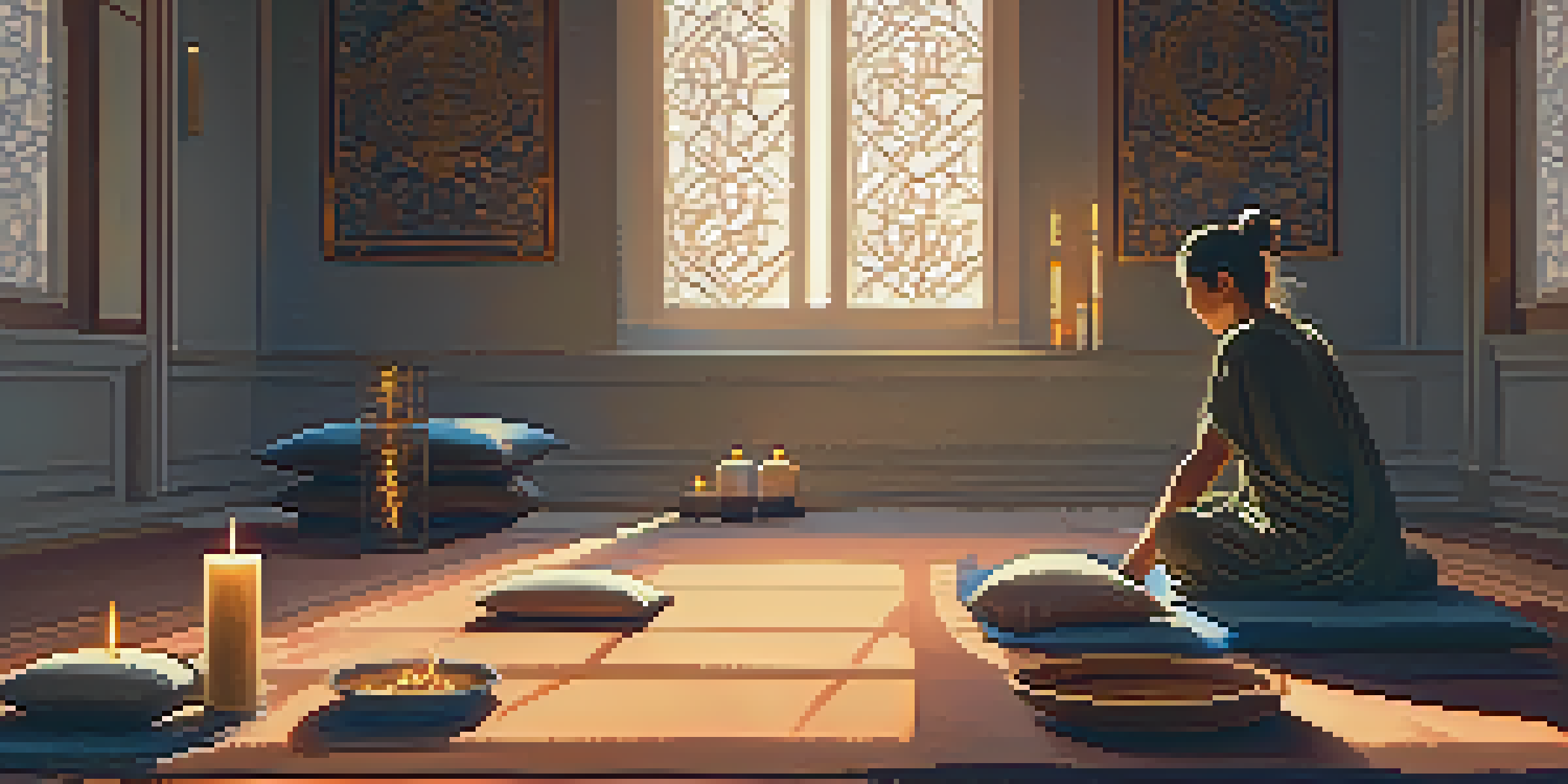 A person meditating in a peaceful room filled with candles and comfortable cushions.