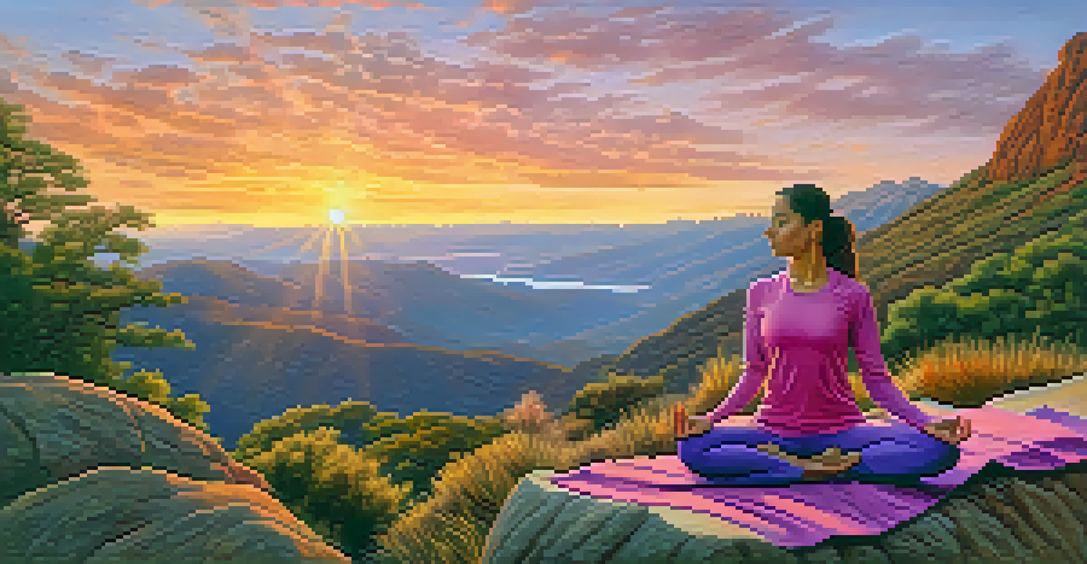 A person meditating on a cliff at sunrise, surrounded by a vibrant landscape.