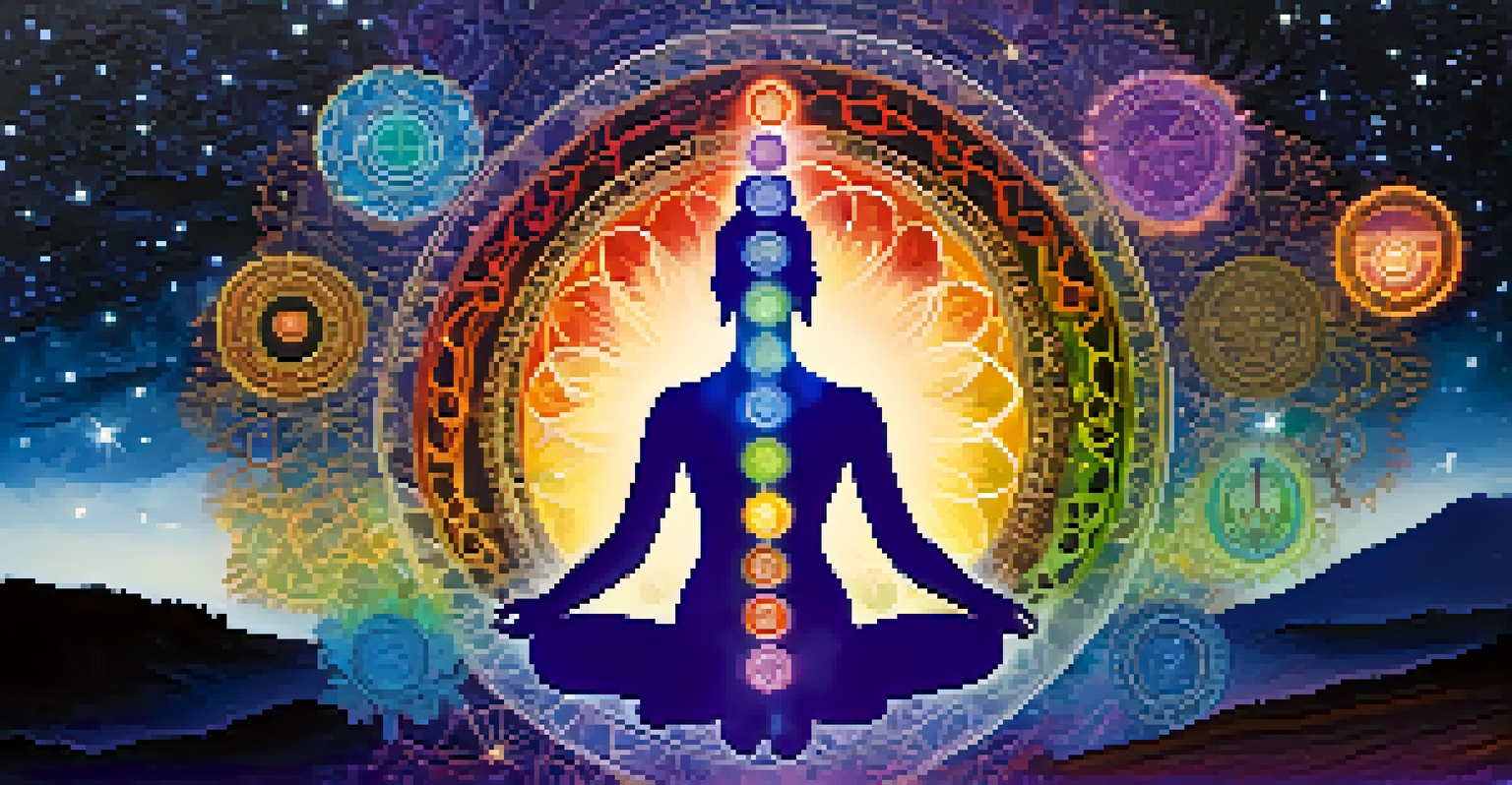 A human silhouette with vibrant, glowing chakras aligned along the body against a starry night sky.