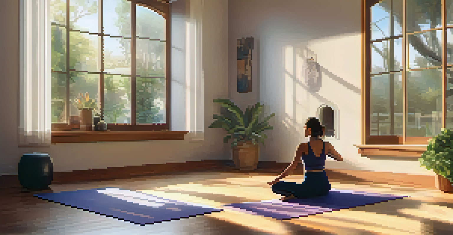 A yogi practicing yoga in a bright studio with sunlight, a water bottle, and fresh fruit nearby.