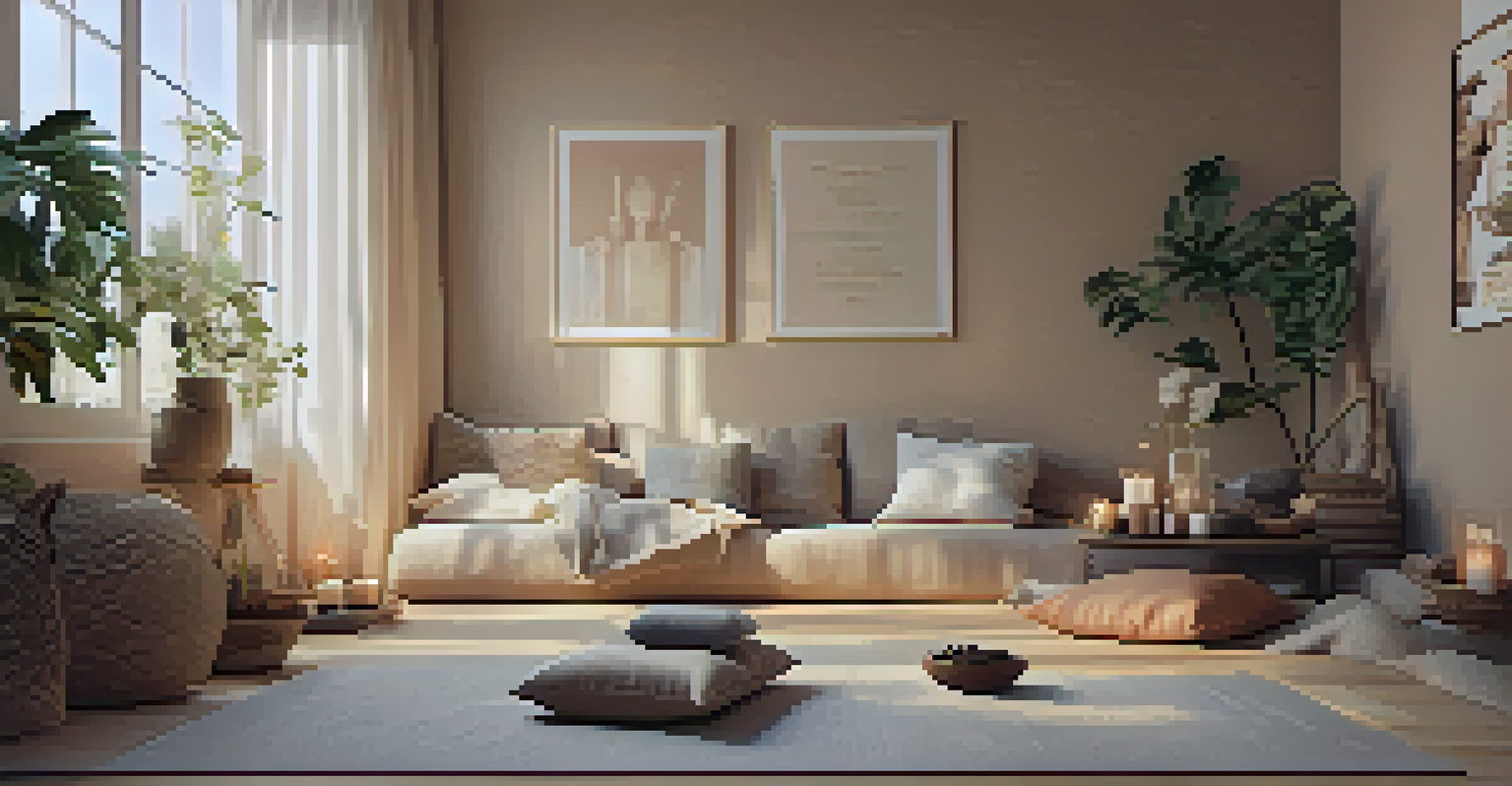 A cozy home yoga corner with a person meditating surrounded by cushions and candles.