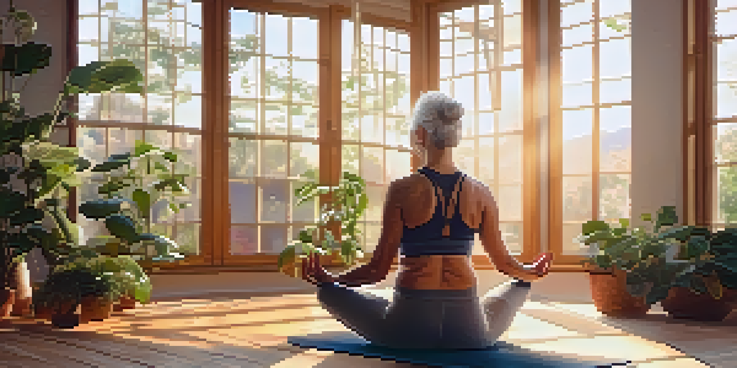 An older adult practicing Hatha yoga in a sunlit room surrounded by plants, showcasing a serene atmosphere.