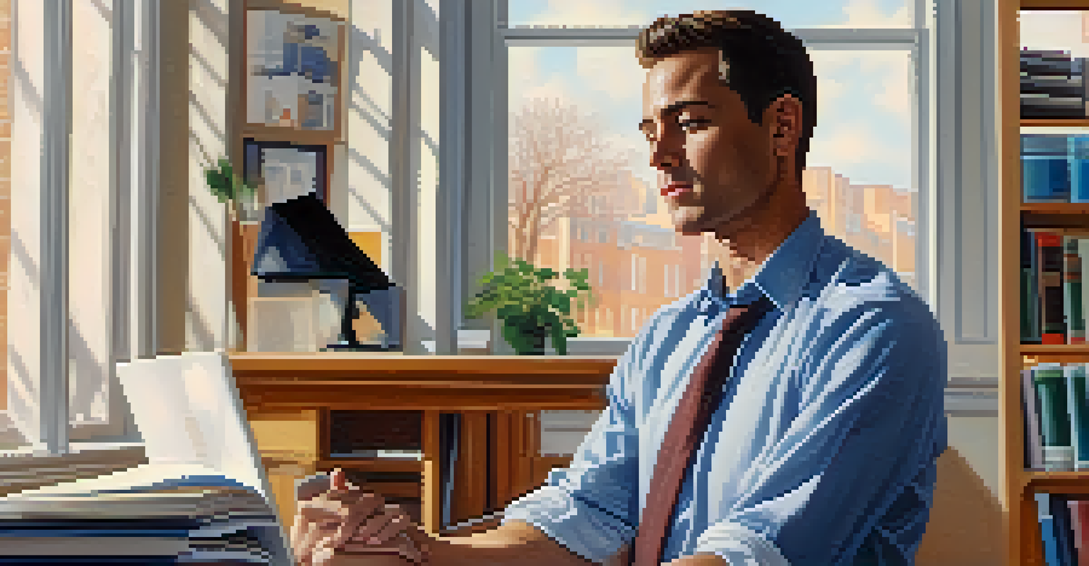 A person in an office doing the Chest Opener pose, standing tall with hands clasped behind their back and a sunny window in the background.