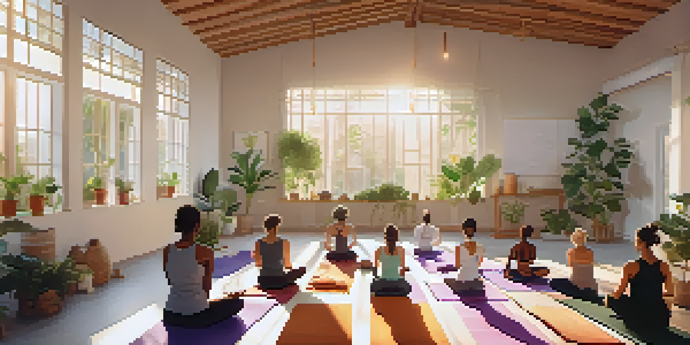 A peaceful yoga studio with diverse individuals practicing breathwork in soft morning light.