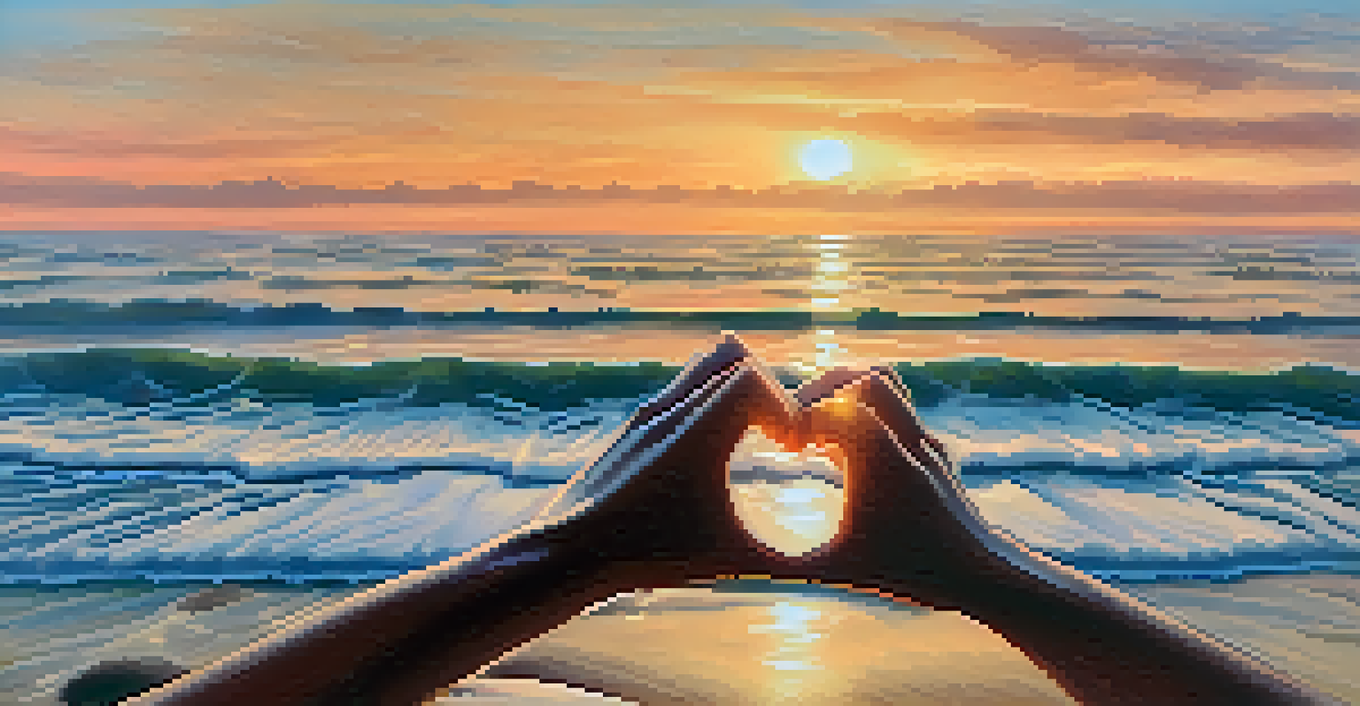 Close-up of hands demonstrating the 4-7-8 breathing technique, set against a calm ocean sunset, symbolizing mindfulness and relaxation.