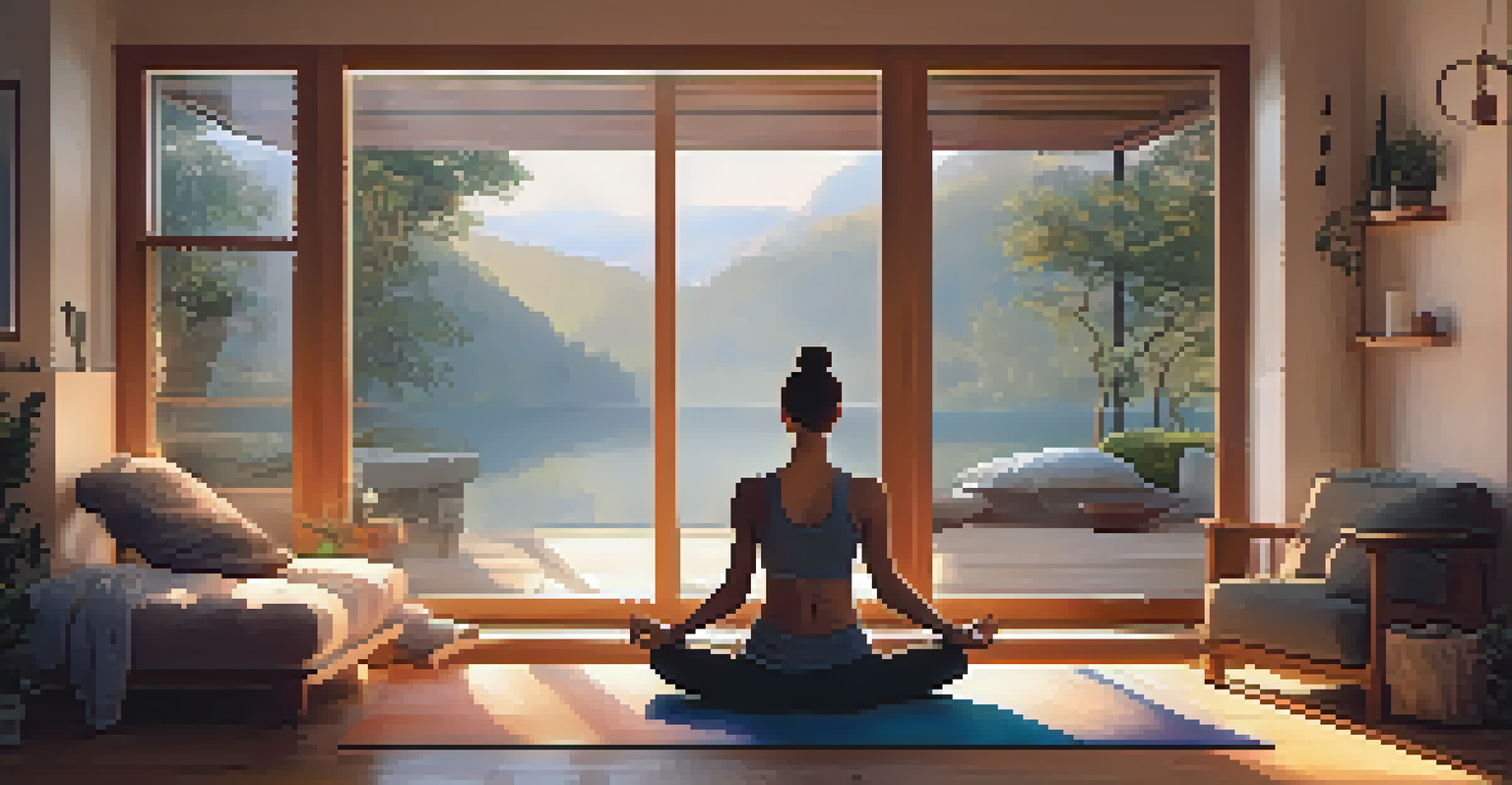 A person doing yoga in a cozy living room with candles and natural light.