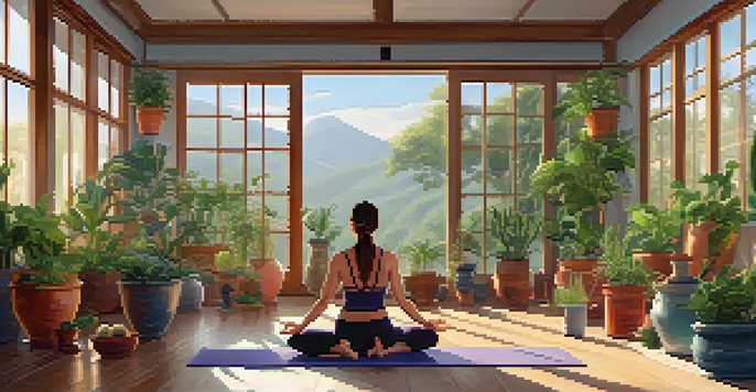 A tranquil yoga studio with a yogi in a meditative pose, surrounded by plants and jars of fermented foods.