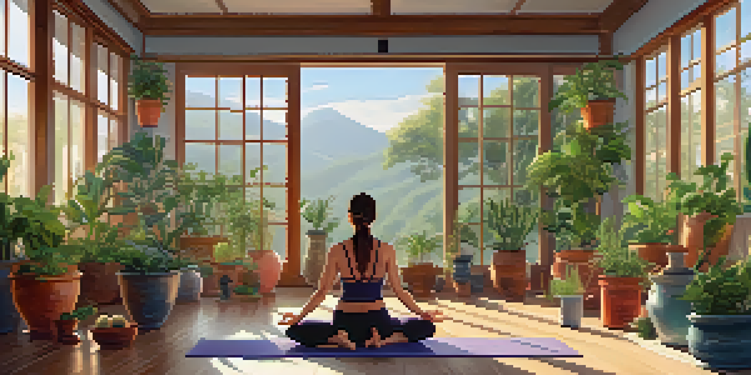 A tranquil yoga studio with a yogi in a meditative pose, surrounded by plants and jars of fermented foods.